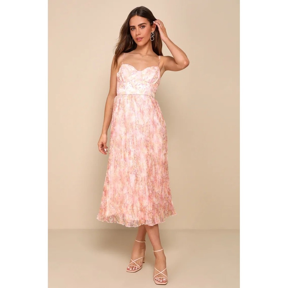 Lulu's Finest Endeavor Blush Pink Floral Pleated Bustier Midi Dress Size XS